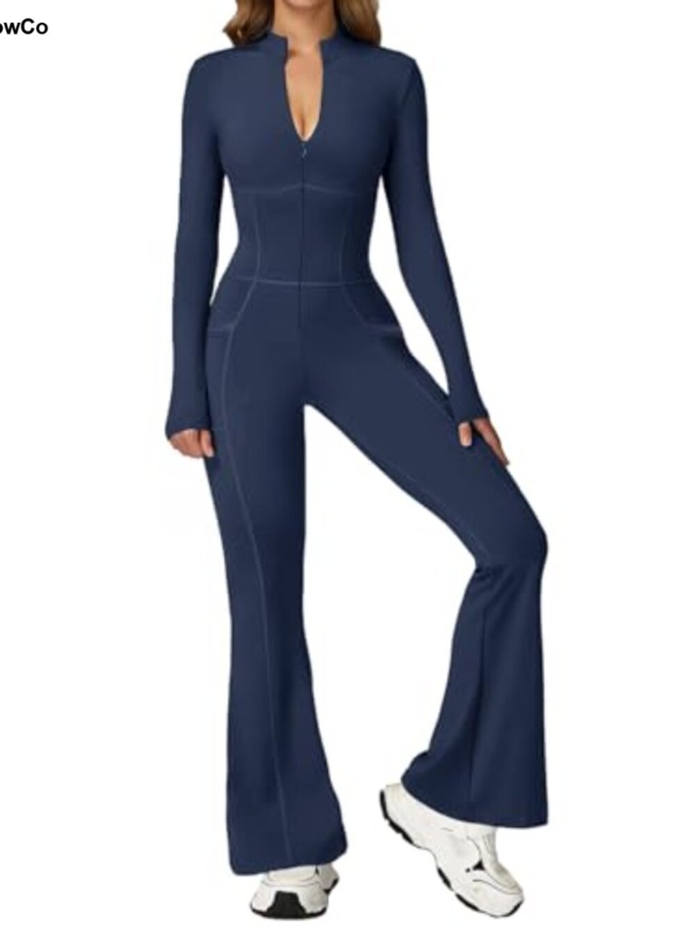 Women Long Sleeve Flared Jumpsuit Zip Up Catsuit Unitard Stretch